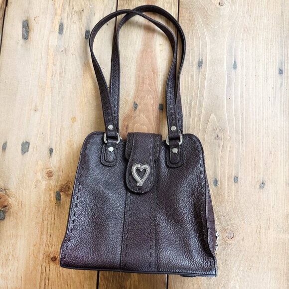 MC Brown Leather Purse Silver Heart Shoulder Bag  Lots of Pockets - Picture 1 of 12
